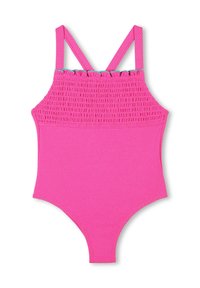 Roze badpak met een gestructureerd smockdesign op de bustehalte en verstelbare spaghetti-bandjes, met een gladde onderzijde.