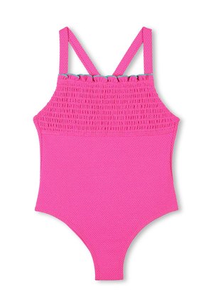 Maillot de bain une pièce rose avec un design smocké texturé au niveau du corsage et des bretelles spaghetti ajustables, doté d'une partie inférieure lisse.
