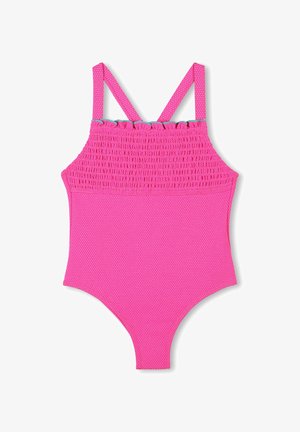 Maillot de bain une pièce rose avec un design smocké texturé au niveau du corsage et des bretelles spaghetti ajustables, doté d'une partie inférieure lisse.