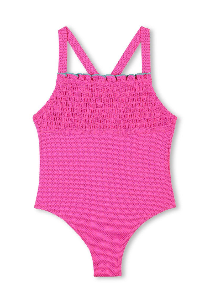 Roze badpak met een gestructureerd smockdesign op de bustehalte en verstelbare spaghetti-bandjes, met een gladde onderzijde.