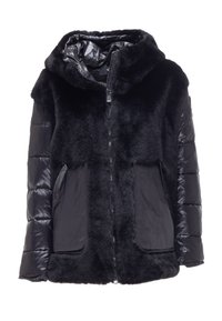 Giacca nera con un corpo in pelliccia sintetica e maniche lucide in stile puffer. Include un cappuccio, una cerniera frontale e tasche laterali.