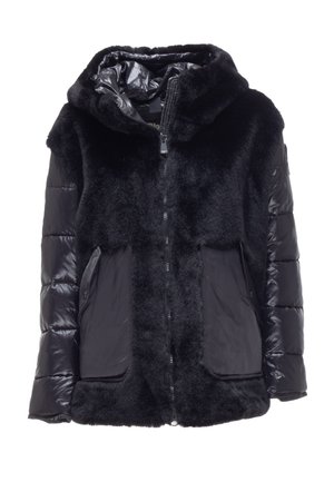 Giacca nera con un corpo in pelliccia sintetica e maniche lucide in stile puffer. Include un cappuccio, una cerniera frontale e tasche laterali.