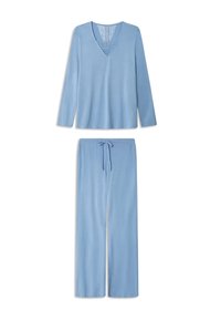 Haut à manches longues bleu clair avec un décolleté en V et des détails en dentelle, associé à un pantalon à cordon de serrage assorti présentant une coupe droite.