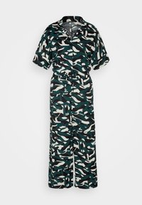 Combinaison avec un motif camouflage dans des tons de vert et de noir ; présente des manches courtes, un col, une taille cintrée et un design à jambes larges.