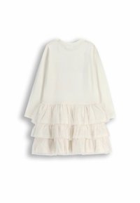 Sukienka z długim rękawem, dopasowana góra z kremowej bawełny, z warstwowym, falbanowym dołem w białym kolorze z drobnymi wzorami w kropki.