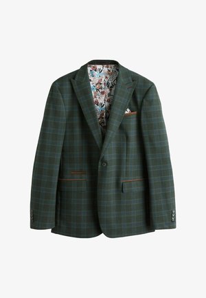 Green and blue plaid blazer with single button, floral inner lining, brown trim accents, front pockets, and a pocket square peeking from the chest pocket.
