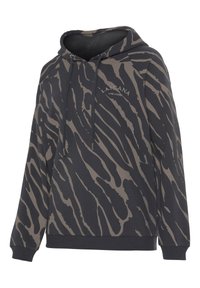 Felpa con cappuccio grigio scuro con strisce di tigre beige. Presenta un cordino, polsini e orlo a costine, e un logo sul petto.