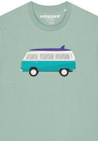 Light green t-shirt featuring a graphic of a teal and white van with a purple surfboard on top, shown in side profile.