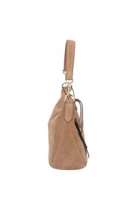 Tan suede handbag with a textured finish, a side zipper, and a short leather strap. Features gold-tone hardware and a triangular shape.