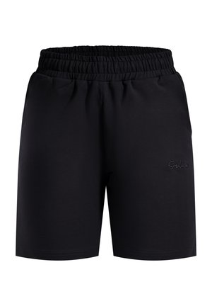 Shorts en coton noir avec une taille élastique, dotés de poches latérales et d'un petit logo brodé sur la cuisse gauche. Texture lisse.