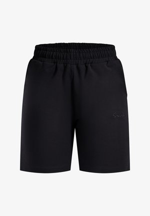 Shorts en coton noir avec une taille élastique, dotés de poches latérales et d'un petit logo brodé sur la cuisse gauche. Texture lisse.