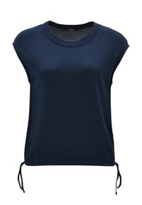 Top en maille sans manches bleu marine avec encolure ronde et cordons réglables à l'ourlet, tissu texturé, sans motifs ni logos visibles.