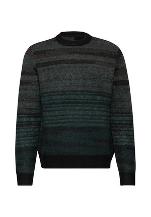 Pull en tricot avec un col rond, présentant des rayures horizontales dans des tons de vert foncé et de noir. Tissu texturé avec des poignets et un ourlet côtelés.
