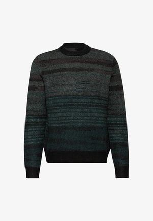 Pull en tricot avec un col rond, présentant des rayures horizontales dans des tons de vert foncé et de noir. Tissu texturé avec des poignets et un ourlet côtelés.