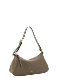 Olive green leather shoulder bag with a curved shape, gold hardware accents, and a zip closure. Features a detachable strap with rivets.