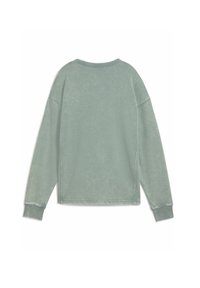 Sweatshirt vert menthe avec une coupe décontractée, col ras du cou, manches longues et une texture légèrement lavée. Comprend des poignets et un ourlet côtelés.