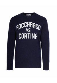 Pullover blu navy con testo bianco che recita "ROCCARASO VS CORTINA", con scollatura rotonda e polsini a costine. Realizzato in tessuto lavorato a maglia.