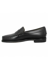 Black leather loafers with a smooth texture, raised stitching detail on the toe, and a low, flat rubber sole. Simple and classic design.