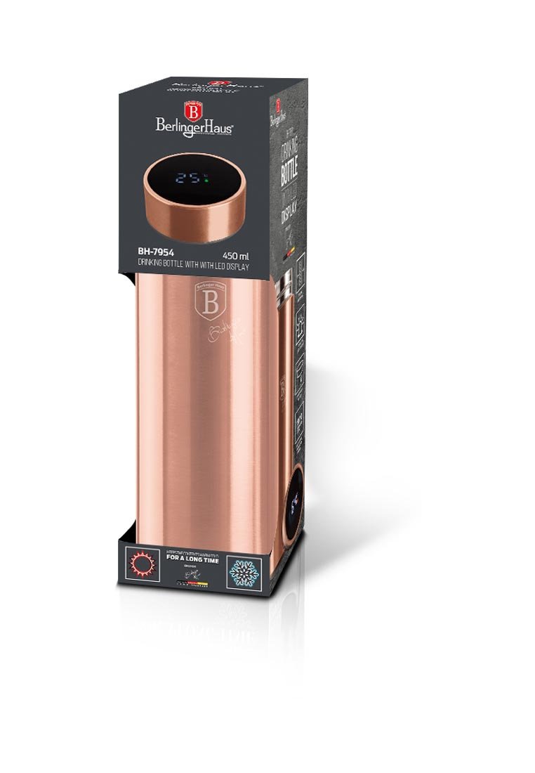 Kupferfarbene Edelstahl-Trinkflasche mit LED-Display, 450 ml Inhalt, zylindrische Form, elegantes Design und isolierende Eigenschaften.