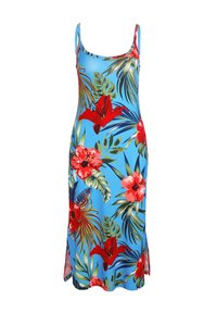 Blaues Blumenkleid mit dünnen Trägern, verziert mit lebhaften roten und rosa Blumen, grünen Blättern und einem seitlichen Schlitz für mehr Bewegungsfreiheit.