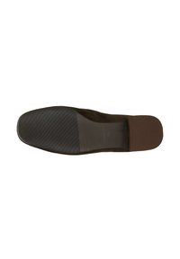 Sole of a dark brown dress shoe with textured rubber forefoot and smooth heel sections visible on white background.