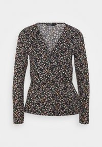 Top avvolgente a maniche lunghe in tessuto nero con un motivo floreale che presenta accenti in rosa, giallo e verde. Scollo a V e dettaglio di vita arricciata.