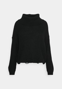 Pull noir en maille avec un col montant, une coupe décontractée et un cordon de serrage à l'ourlet. Tissu texturé et manches larges et amples.