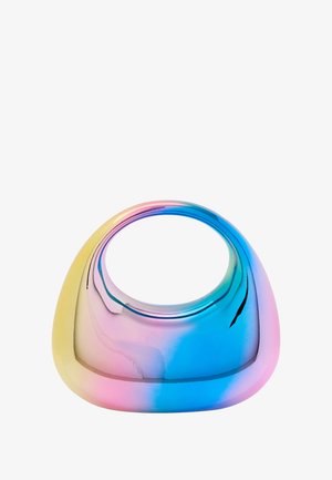 Läpinäkyvä lasikulho, jossa on suloinen, orgaaninen muoto. Sisältää pastellivärin gradientin: sinistä, vaaleanpunaista ja keltaista. Pyöreä aukko.