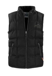 Schwarze gepolsterte Weste mit hohem Kragen, Frontreißverschluss und zwei Reißverschlusstaschen. Mit einem Logo und kontrastierenden Kanten entlang der Nähte.