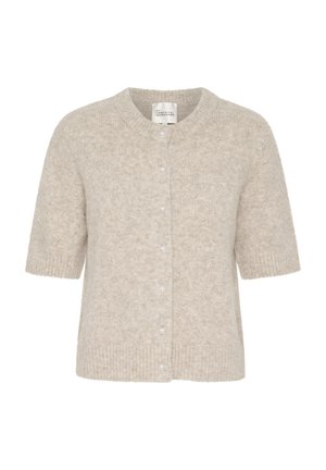 Kortærmet cardigan i blødt beige strik, med rund halsudskæring, knaplukning med perlelignende knapper og ribbede kanter og ærmer.