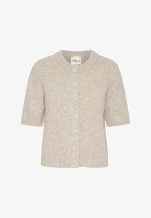 Cardigan cu mânecă scurtă, din tricot moale de nuanță bej, care prezintă un guler rotund, închidere cu nasturi asemănători perlelor și tiv ribit la margini și mâneci.