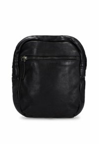 Zwarte leren tas met een ronde vorm, twee ritszakken en een gladde textuur met gestikte details langs de randen.