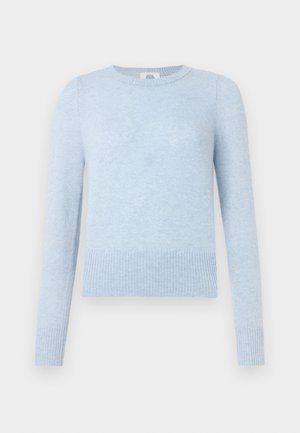 Pullover azzurro chiaro realizzato in tessuto morbido, con scollatura rotonda, maniche lunghe, orlo a costine e texture liscia senza motivi o decorazioni.