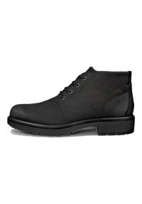 Stivaletti in pelle nera con punta rotonda, finitura opaca testurizzata, sei fori per i lacci e una suola in gomma resistente con una leggera scolpitura.