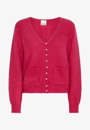 Rosa cardigan i mjukt stickat material med V-ringning, knäppning med pärlliknande knappar och två framfickor. Texturerad design.