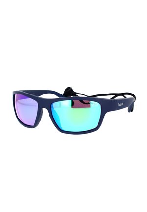 Polaroid-Sonnenbrille mit blauem Rahmen, verspiegelten blauen und violetten Gläsern und einem verstellbaren schwarzen Band, das an den Bügeln befestigt ist.
