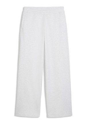 Light gray sweatpants with elastic waistband, side pockets, wide legs, and small white Puma logo on right thigh.