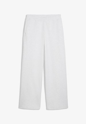 Lichtgrijze joggingbroek met elastische tailleband, zijzakken, brede pijpen en een klein wit Puma-logo op de rechterdij.