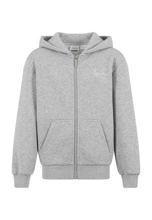 Haut à capuche zippé intégral gris clair avec poches frontales, poignets et ourlet côtelés, et un petit logo blanc sur la poitrine gauche.