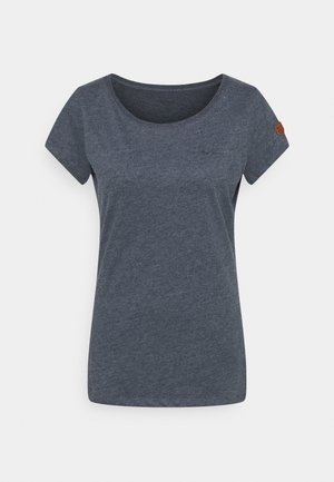 Dark gray short-sleeve women's T-shirt with round neckline and small brown patch on left sleeve against a light background.