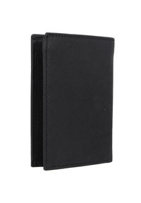 Portefeuille en cuir noir avec une texture lisse, design à deux volets, et détails de couture visibles. Le portefeuille est fermé et en position verticale.
