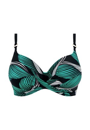 Bikini top with black background, featuring green and white leaf patterns, shaped cups, adjustable straps, and gold hardware accents.