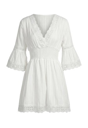 White knee-length dress with flared sleeves, lace trim on hem and sleeves, V-neckline, and gathered waist detail.