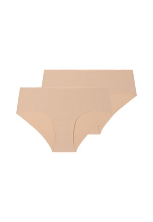 Two seamless nude-colored women's hipster underwear laid flat on a white background.