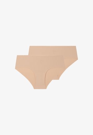 Two seamless nude-colored women's hipster underwear laid flat on a white background.