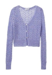 Lilac knitted cardigan with a v-neck, long sleeves, and button closure. Features a textured lace pattern throughout. Cropped length.
