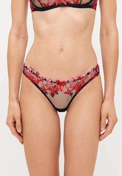 Sort blonde med rød blomsterbroderi og lyserøde detaljer, med en bølget kant og et lille centralt sløjfedetalje.