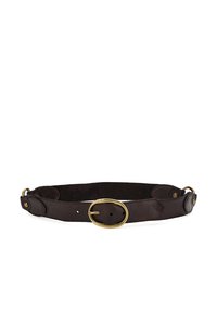 Cintura in pelle marrone con superficie liscia, fibbia ovale in ottone e bottoni a pressione regolabili. Presenta dettagli cuciti e accessori in metallo robusto.