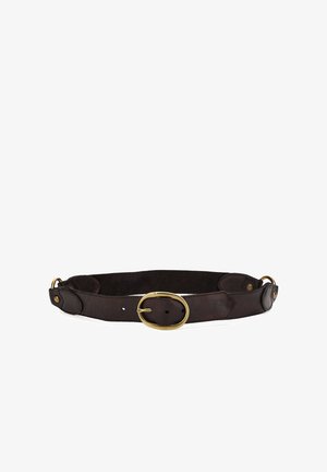 Cintura in pelle marrone con superficie liscia, fibbia ovale in ottone e bottoni a pressione regolabili. Presenta dettagli cuciti e accessori in metallo robusto.