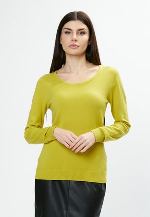 Maglione verde lime a maniche lunghe con scollatura rotonda, polsini a coste e una texture morbida. Indossato con una gonna di pelle nera.